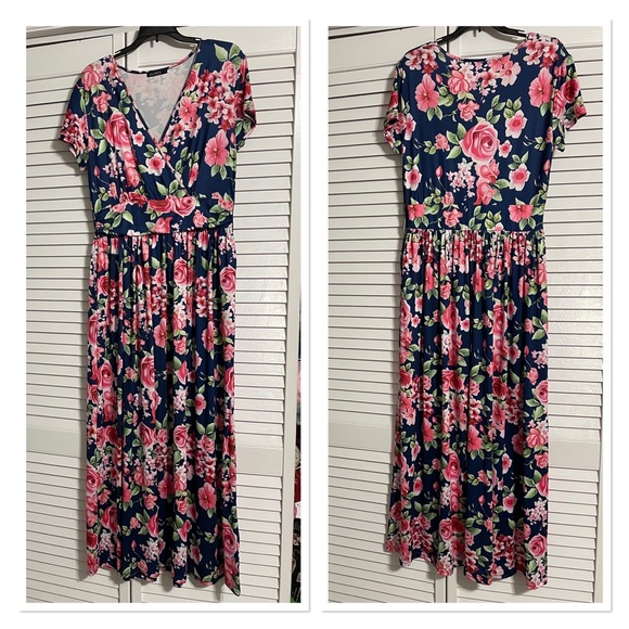 Size large long navy v-neck shirt sleeve dress with pink flowers, side zipper - Picture 1 of 4